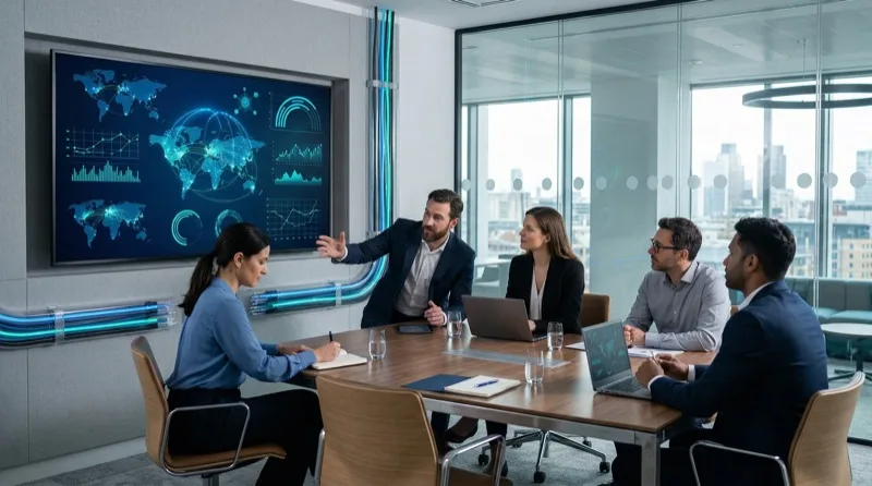 Equipe corporativa em reunião com dashboard de conectividade