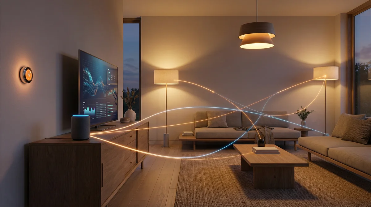 Casa inteligente com dispositivos IoT conectados via Wi-Fi