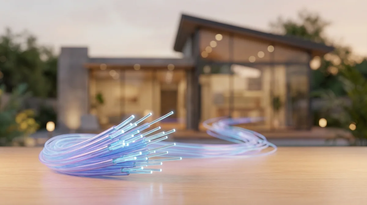 Cabos de fibra optica com trilhas de luz