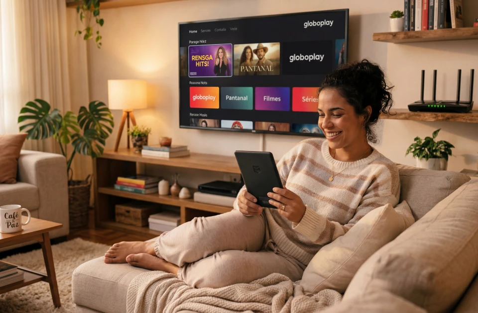 Família usando internet Wi-Fi Infoline em casa conectada